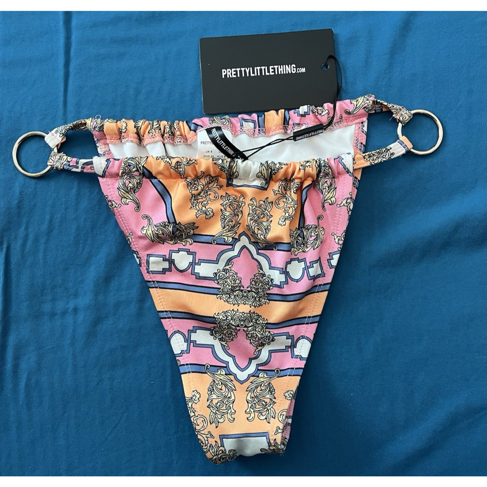 NWT Pretty Little Thing Pink Scarf Tanga Bottom w/ O Rings Hip Accent SZ 4
